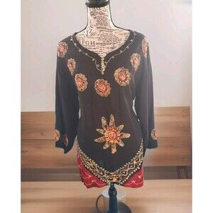 Womens Large Top By Rima Artsy Lightweight Sequins 1/2 Sleeve Boho